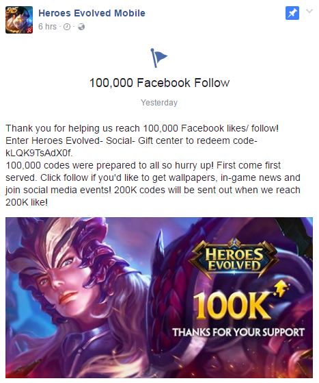 Pencapaian 100 Ribu Followers di Facebook Fanspage Heroes Evolved Bagi-bagi Hadiah