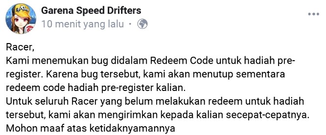 Garena Speed ​​Drifters Redeem Pre-register Closed!